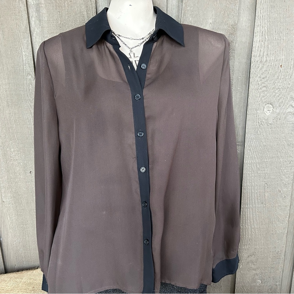 Brown sheer blouse with black trim/ collar and buttons down